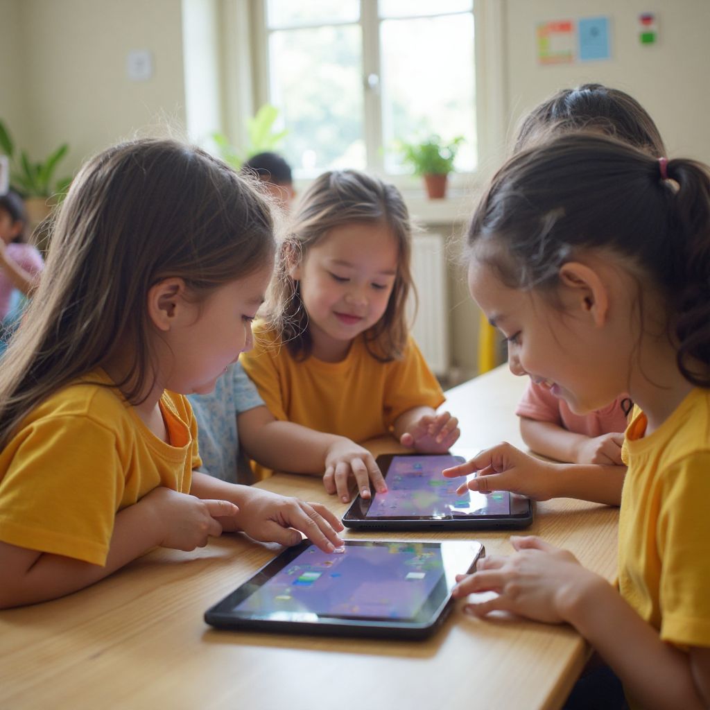 Children engaged in educational gameplay